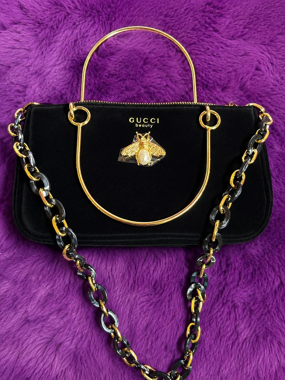 Gucci Beauty Black Velvet Top-Handle Shoulder Bag with Gold Hardware(GWP Bag)